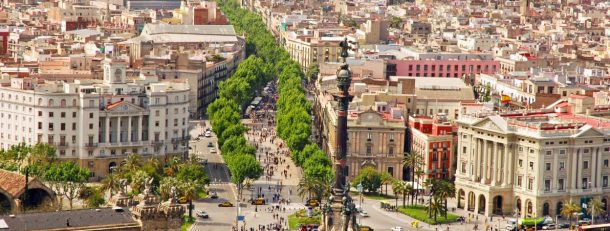 View of La Rambla from cross-harbour cable car in Barcelona, Spain