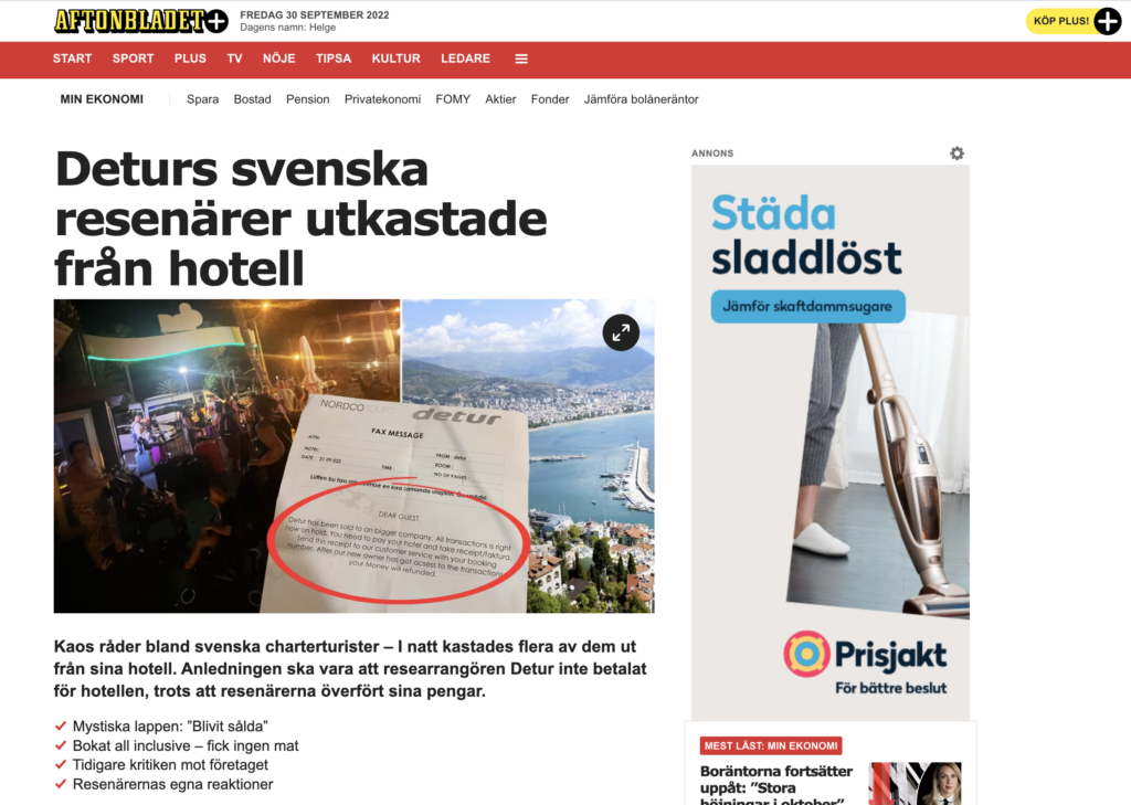 Aftonbladet Gazetesi; "Detur'un İsveçli turistleri otellerinden kovuldu"