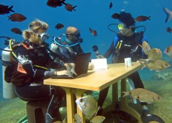 Muğla'nın Fethiye ilçesinden dalgıçlar. Turizm Haftası sebebiyle deniz dibinde toplantı gerçekleştirdi.