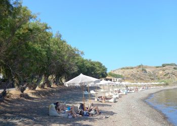 Midilli Molivosta gölgeli plaj ve deniz